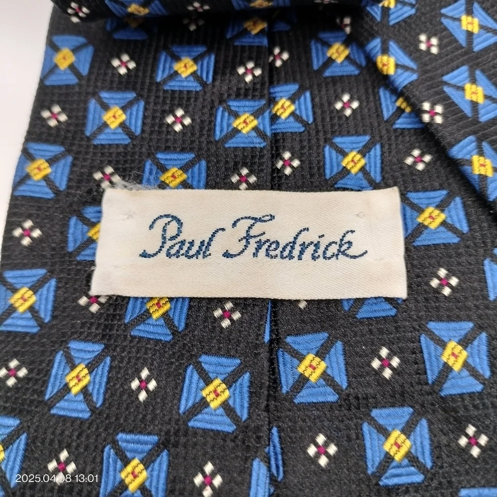 Paul Frederick Necktie Black Blue Yellow Accent Geometric Textured Men's Silk